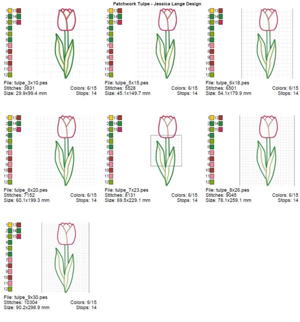 Datenblatt Tulpen Applikation Stickdatei verschiedene Größen