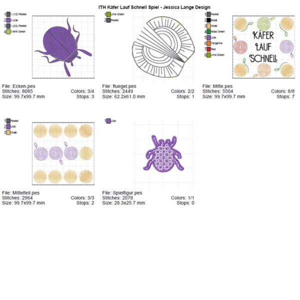 In The Hoop Spiel Ludo mit Käfern Dateiübersicht für den 10x10 Stickrahmen