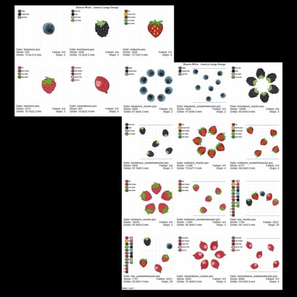 Früchte Stickdateiset für kleine Beeren: Himbeere, Erdbeere, Blaubeere, Stachelbeere, Brombeere
