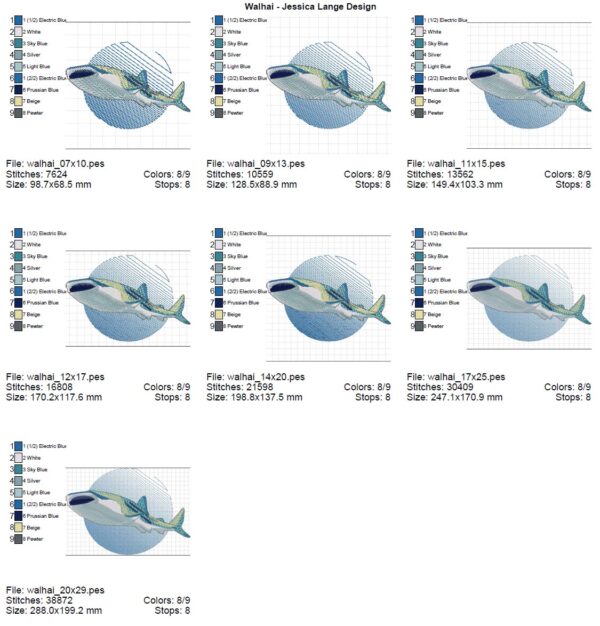 Datenblatt zur Stickdatei Walhai mit Aquarell Effek tin 7 Größen
