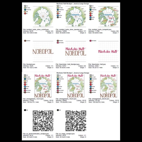 Datenblatt Stickdatei Landkarte Nordpol mit allen Varianten